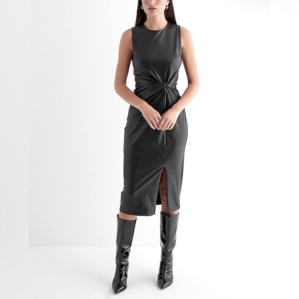 Body Contour Faux Leather Twist FrontMidi Sheath Dress